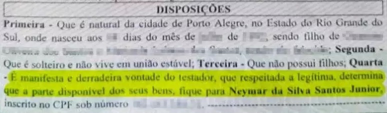 Homem deixou herança em testamento para Neymar