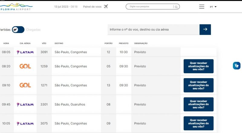 Voos previstos ap&oacute;s retirada de avi&atilde;o da pista. – Foto: Floripa Airport/Divulga&ccedil;&atilde;o/ND