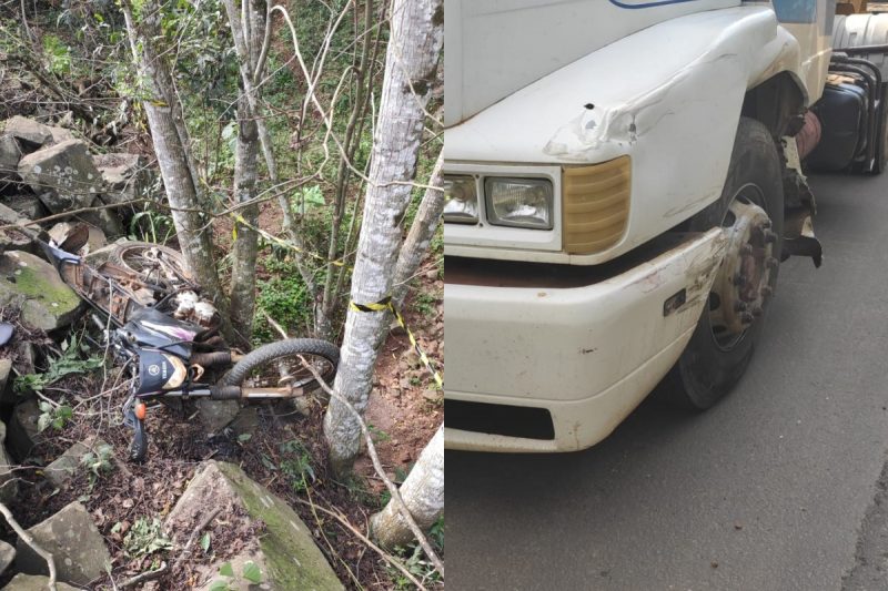 O motociclista morreu ao colidir com caminhão.