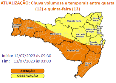 Acumulados de chuva podem chegar a 100 mm em áreas de divisa com o RS &#8211; Foto: DCSC/Divulgação/ND