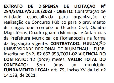 Concurso público em Florianópolis será organizado pela FURB