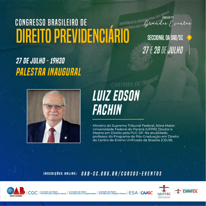 Banner do Congresso Brasileiro de Direito Previdenci&aacute;rio que ser&aacute; realizado na OAB-SC – Foto: OAB-SC