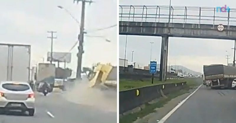 Carreta acabou tombando na BR-101 em Itajaí