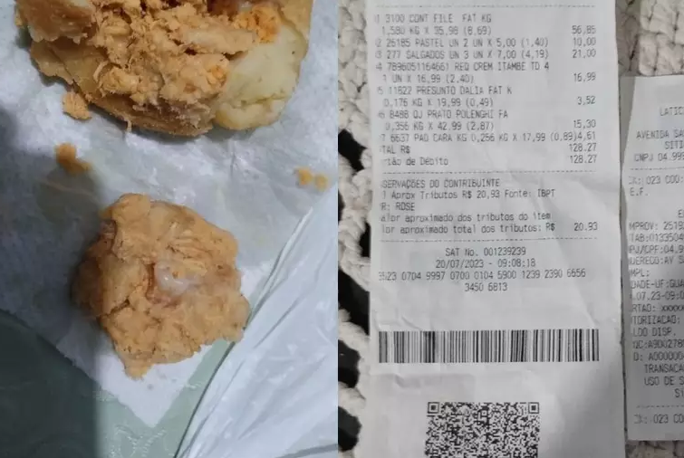 Cliente registrou em fotos o recheio da coxinha e a nota fiscal, antes de procurar a pol&iacute;cia – Foto: Reprodu&ccedil;&atilde;o/ND