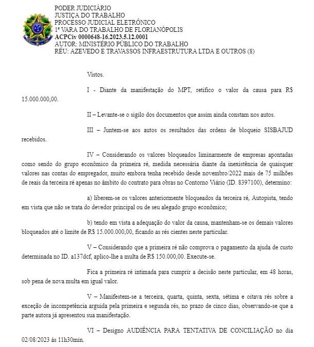 Parte do despacho da Justi&ccedil;a do Trabalho, publicado nesta quinta-feira (27) – Foto: Reprodu&ccedil;&atilde;o/ND