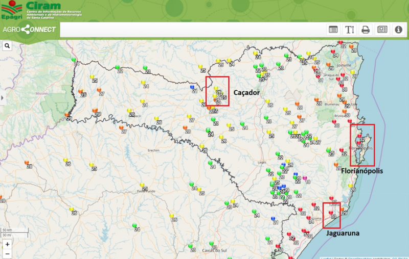 Epagri/Ciram divulgou mapa com os recordes de temperatura – Foto: Epagri/Divulga&ccedil;&atilde;o/ND