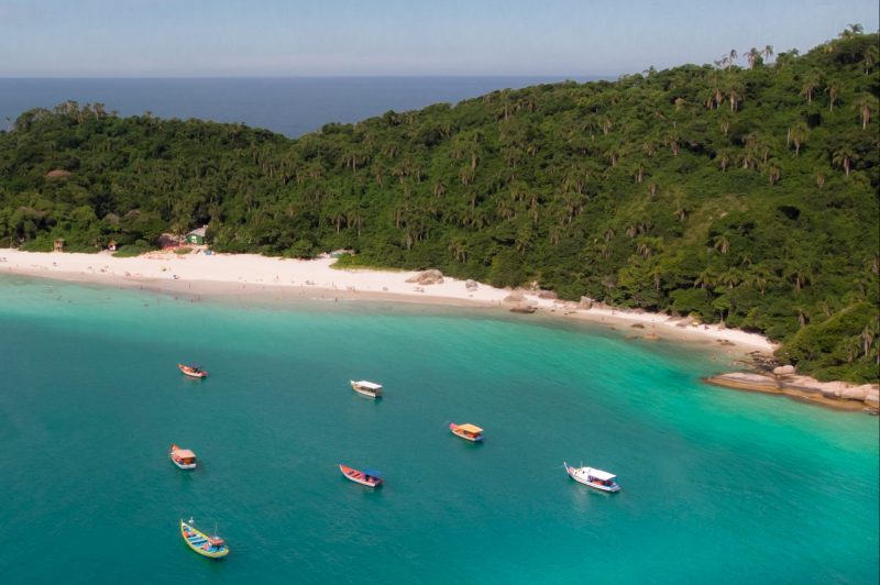 Foto aérea da Ilha do Campeche. O mar é cor verde-esmeralda e há sete barcos coloridos nele. No centro da foto, uma faixa de areia branca cercada por um morro verde. 