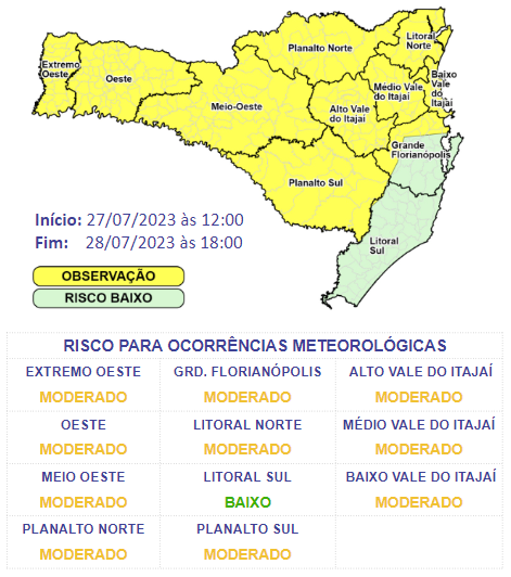 Aviso meteorol&oacute;gico entre a noite de quinta e sexta-feira. – Foto: Defesa Civil/Divulga&ccedil;&atilde;o/ND