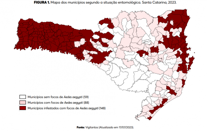 Gr&aacute;fico de munic&iacute;pios catarinenses considerados infestados pela dengue em 2023 – Foto: DIVE/Divulga&ccedil;&atilde;o