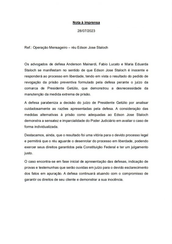 Defesa do ex-superintendente do órgão municipal de saneamento básico de Presidente Getúlio divulgou nota nesta sexta-feira (28) - Foto: Documento/Reprodução/ND