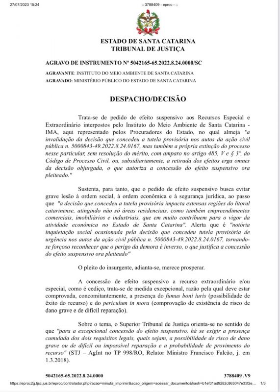 Despacho foi assinado esta tarde – Foto: TJSC