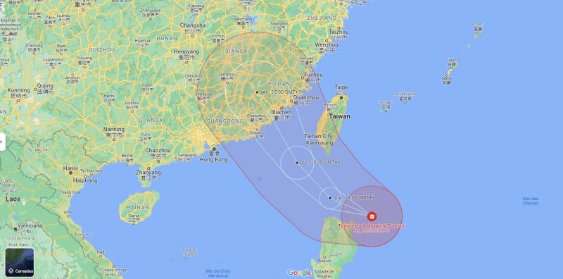 Tuf&atilde;o se intensifica e se dirige para a parte Norte do Mar da China Meridional, indicando problemas potenciais para Taiwan, Hong Kong e partes do sul da China. – Foto: Google Maps/Divulga&ccedil;&atilde;o/ND