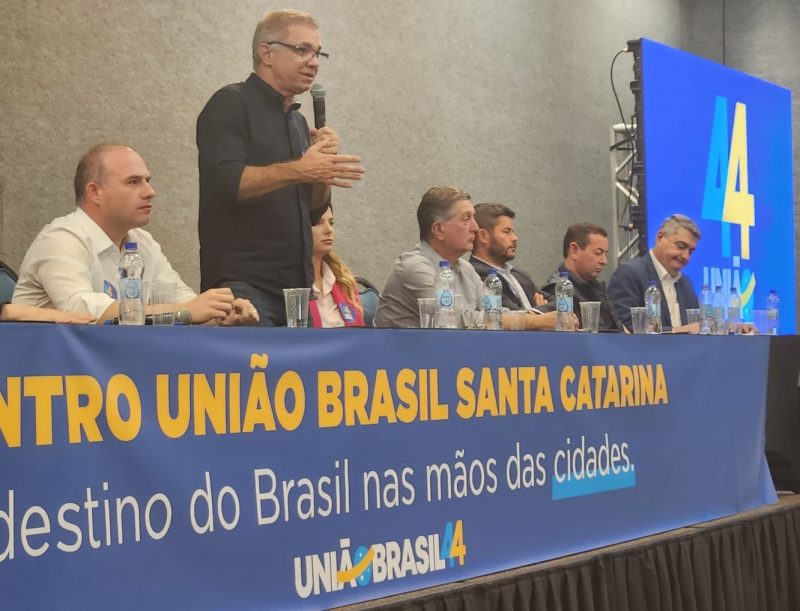 Gean Loureiro discursa durante evento do Uni&atilde;o Brasil, no Centrosul, em Florian&oacute;polis – Foto: Divulga&ccedil;&atilde;o/ND