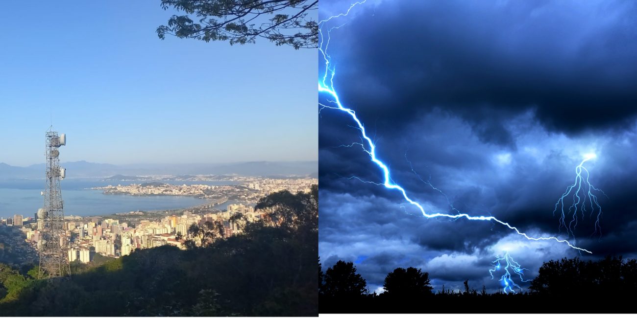 Na foto aparece a paisagem de Florianópolis marcada por um forte calorão, na foto ao lado aparece temporais isolados, típicos de verão.