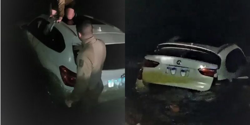 Homem tentou fugir da pol&iacute;cia e foi parar com o carro no meio do mar&nbsp; – Foto: Divulga&ccedil;&atilde;o/ND