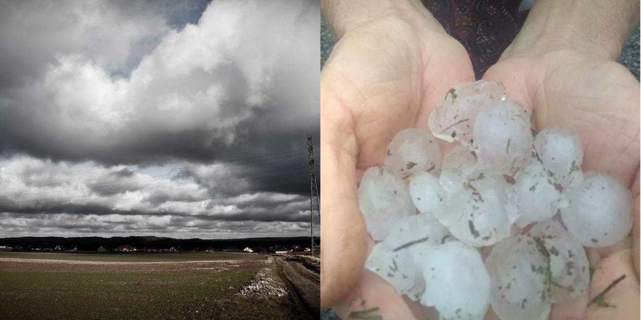 Na foto da esquerda aparece um temporal se formando por conta da atuação do El Niño, na foto ao lado granizos que caíram após um temporal.