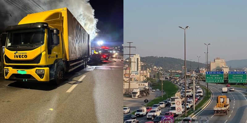 O caminhão acabou se incendiando, por volta das 6h30, na via marginal, no km 209 da BR-101 e trouxe muita lentidão para os condutores que partem de Palhoça