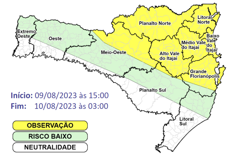 Alerta de deslizamentos e alagamentos &eacute; moderado para &aacute;reas em amarelo no mapa – Foto: Defesa Civil/Reprodu&ccedil;&atilde;o/ND