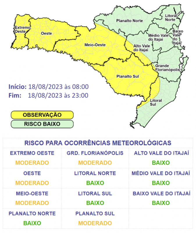 Mapa da Defesa Civil detalha tempo em SC – Foto: Defesa Civil/Divulga&ccedil;&atilde;o/ND previsao defesa civil vento sc