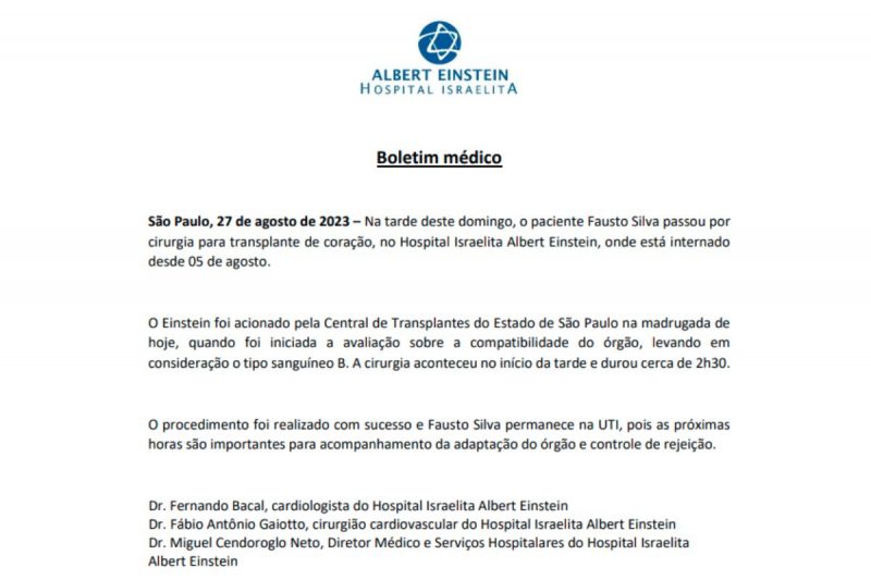 Boletim m&eacute;dico foi divulgado pelo hospital onde Fausto Silva est&aacute; internado – Foto: Hospital Israelita Albert Einstein
