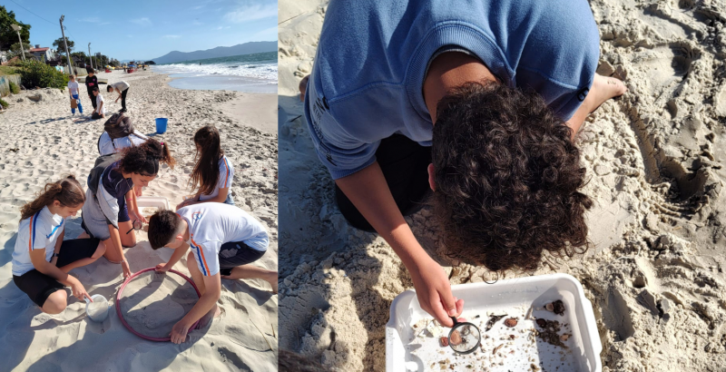 Os estudantes da EBM Virg&iacute;lio dos Reis V&aacute;rzea se uniram aos profissionais da Escola do Mar para limpar a Praia de Canasvieiras – Foto: EBM Virg&iacute;lio dos Reis V&aacute;rzea/Divulga&ccedil;&atilde;o/its Teens&nbsp;