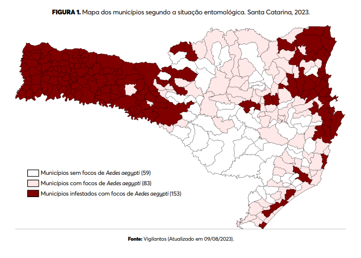 Mapa da DIVE mostra munic&iacute;pios de SC infestados pela dengue – Foto: DIVE/Reprodu&ccedil;&atilde;o/ND