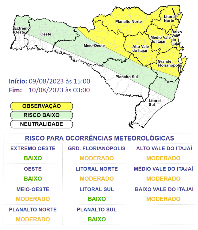 Nas regi&otilde;es em amarelo do mapa, os acumulados no per&iacute;odo devem variar entre 30 e 60 mm, podendo pontualmente superar estes valores. – Foto: Defesa Civil/Divulga&ccedil;&atilde;o/ND