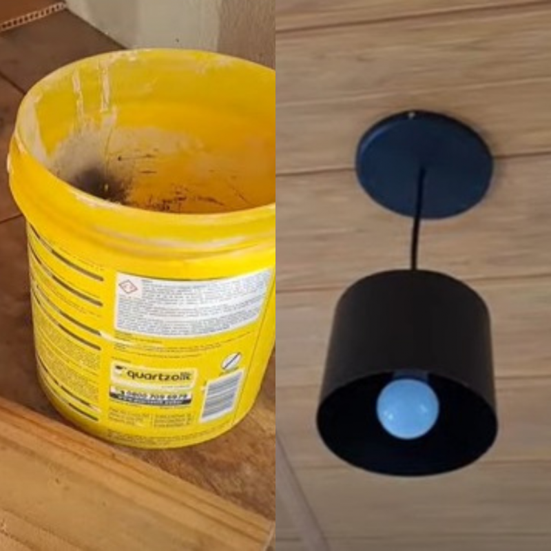 No vídeo, o pedreiro mostra como fazer a luminária com um balde e resto de forros de PVC