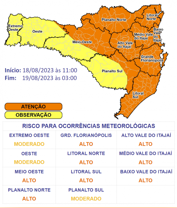 O risco para ocorrências como quedas de árvores, danos na rede elétrica e destelhamentos é alto nas áreas em laranja e moderado nas áreas em amarelo do mapa. &#8211; Foto: Defesa Civil/Divulgação/ND