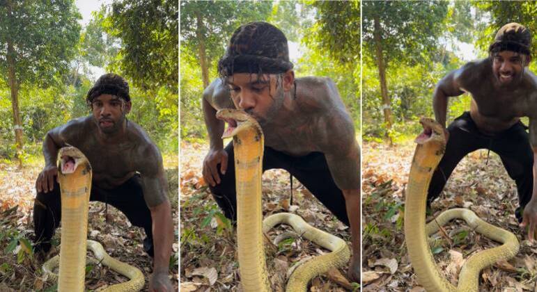 O homem posta vídeo em que aparece beijando uma cobra mortal na cabeça