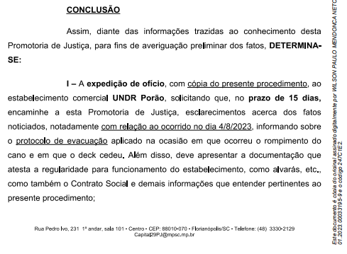 Trecho do despacho publicado pelo Minist&eacute;rio P&uacute;blico – Foto: MPSC/Reprodu&ccedil;&atilde;o/ND