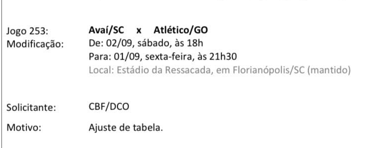 Justificativa da CBF para a mudan&ccedil;a da data da partida entre Ava&iacute; x Atl&eacute;tico-GO – Foto: CBF/Reprodu&ccedil;&atilde;o/ND