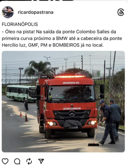 Registro de &oacute;leo na pista tamb&eacute;m na sa&iacute;da da Ponte Colombo Salles – Foto: Ricardo Pastrana/GMF/Divulga&ccedil;&atilde;o/ND