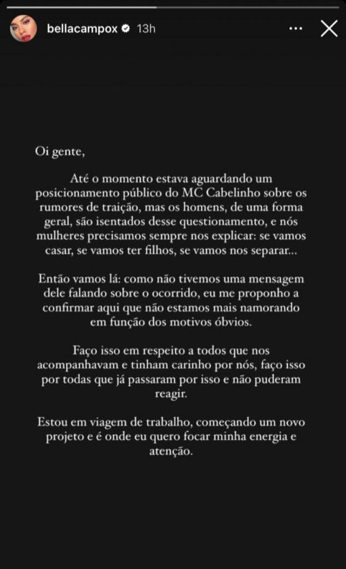 Pronunciamento de Bella Campos no Instagram – Foto: Reprodu&ccedil;&atilde;o/ Internet / ND