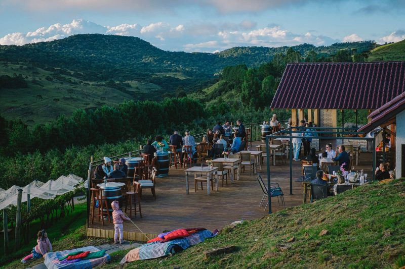 Foto de uma das vinícolas em Santa Catarina, a Monte Agudo - em São Joaquim. A imagem mostra um deck de madeira cheio de mesas e pessoas com vista para os parreirais e montanhas verdes ao fundo. 