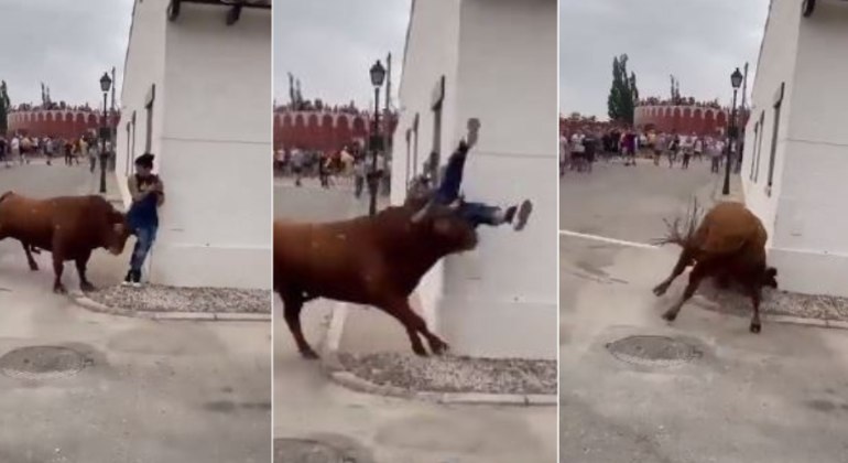 The footage shows an angry bull attacking a woman.