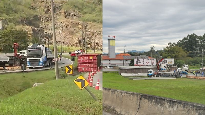 Tombamento de dois caminhões interdita BR-101