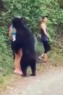 Em posição de estátua, mulher fica parada com medo de ser atacada por urso