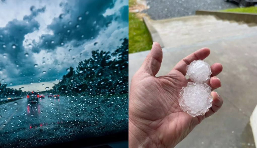 Na imagem aparece um vidro de carro com pingos de chuvas causados pela frente fria. Na foto ao lado aparece uma pessoa segurando pedras de granizo. 