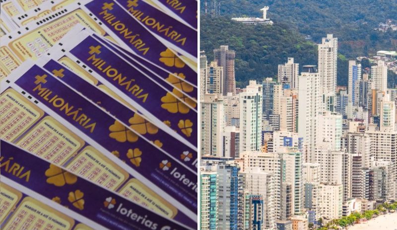Fotomontagem mostra cartões da Loteria Mais Milionária e imagem dos prédios de Balneário Camboriú