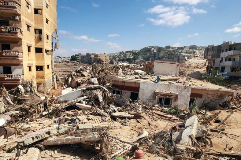 The rubble of buildings that collapsed during the flood is piled up after the Mediterranean storm "Daniel" hit the city of Derna in eastern Libya last Thursday (14