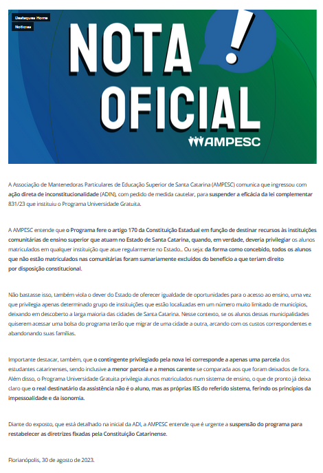 Ampesc divulga nota oficial em seu site sobre a ADIN – Foto: Ampesc