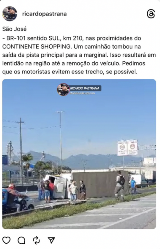 At&eacute; a retirada do caminh&atilde;o, o tr&acirc;nsito deve ficar muito lento.- Foto: Instagram/Ricardo Pastrana/Reprodu&ccedil;&atilde;o/ND