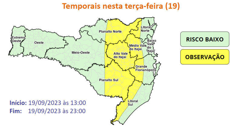 Risco moderado nas &aacute;reas em amarelo para ocorr&ecirc;ncias ligadas aos temporais. – Foto: Defesa Civil/Divulga&ccedil;&atilde;o/ND