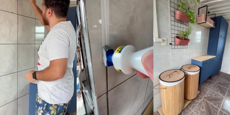 O pedreiro mostra de maneira rápida e simples uma forma de renovar os rejuntes dos azulejos sem sujeira e quebra-quebra