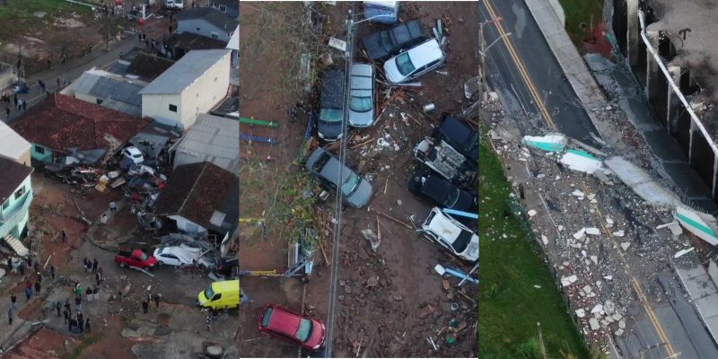 As imagens de drone foram feitas pela Guarda Municipal de Florianópolis e revelam uma cena impressionante de destruição e entulhos no local