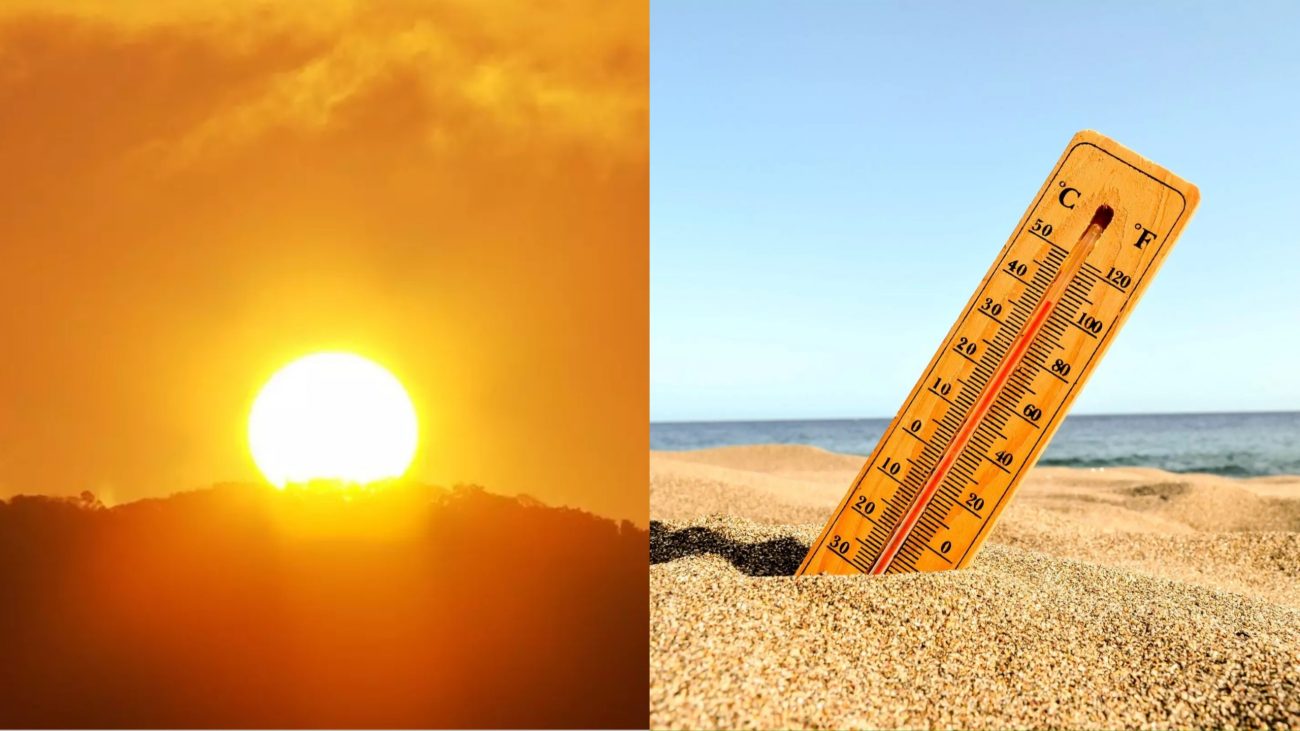 Na foto da esquerda aparece o sol promovendo uma intensa onda de calor em Santa Catarina e na foto da direita é possível ver um termômetro revelando o aumento das temperaturas.