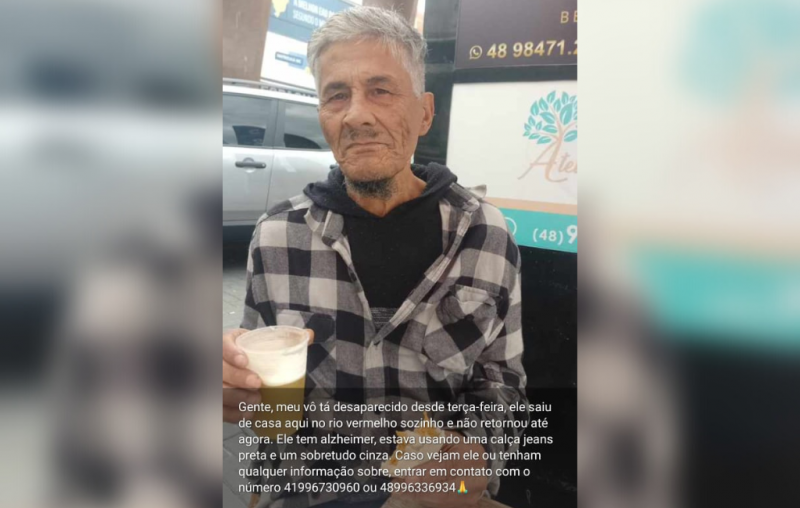 Família busca notícias sobre o paradeiro do idoso com alzheimer que saiu de Rio Vermelho com destino à Curitiba