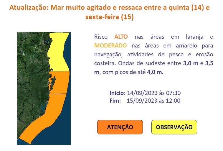 Alerta vale para todo o litoral catarinense – Foto: Defesa Civil/ Divulga&ccedil;&atilde;o/ ND