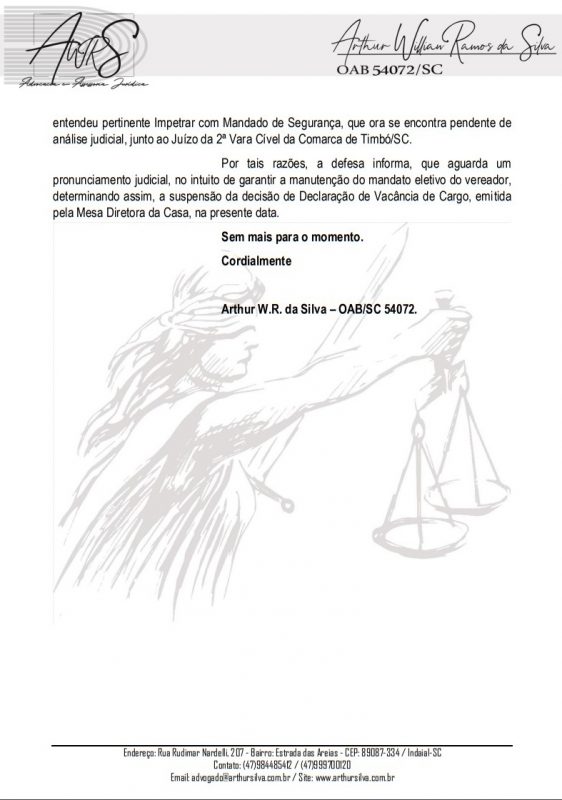 C&acirc;mara de Vereadores de Timb&oacute; declarou nesta ter&ccedil;a-feira (12) que o cargo ent&atilde;o ocupado por Ivonir Schrer (Uni&atilde;o) est&aacute; vago – Foto: Documento/Reprodu&ccedil;&atilde;o/ND